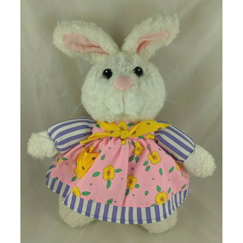 Gibson White Rabbit Plush Bunny 15 Inch Pink Purple Flower Dress‎ 1996 Stuffed
